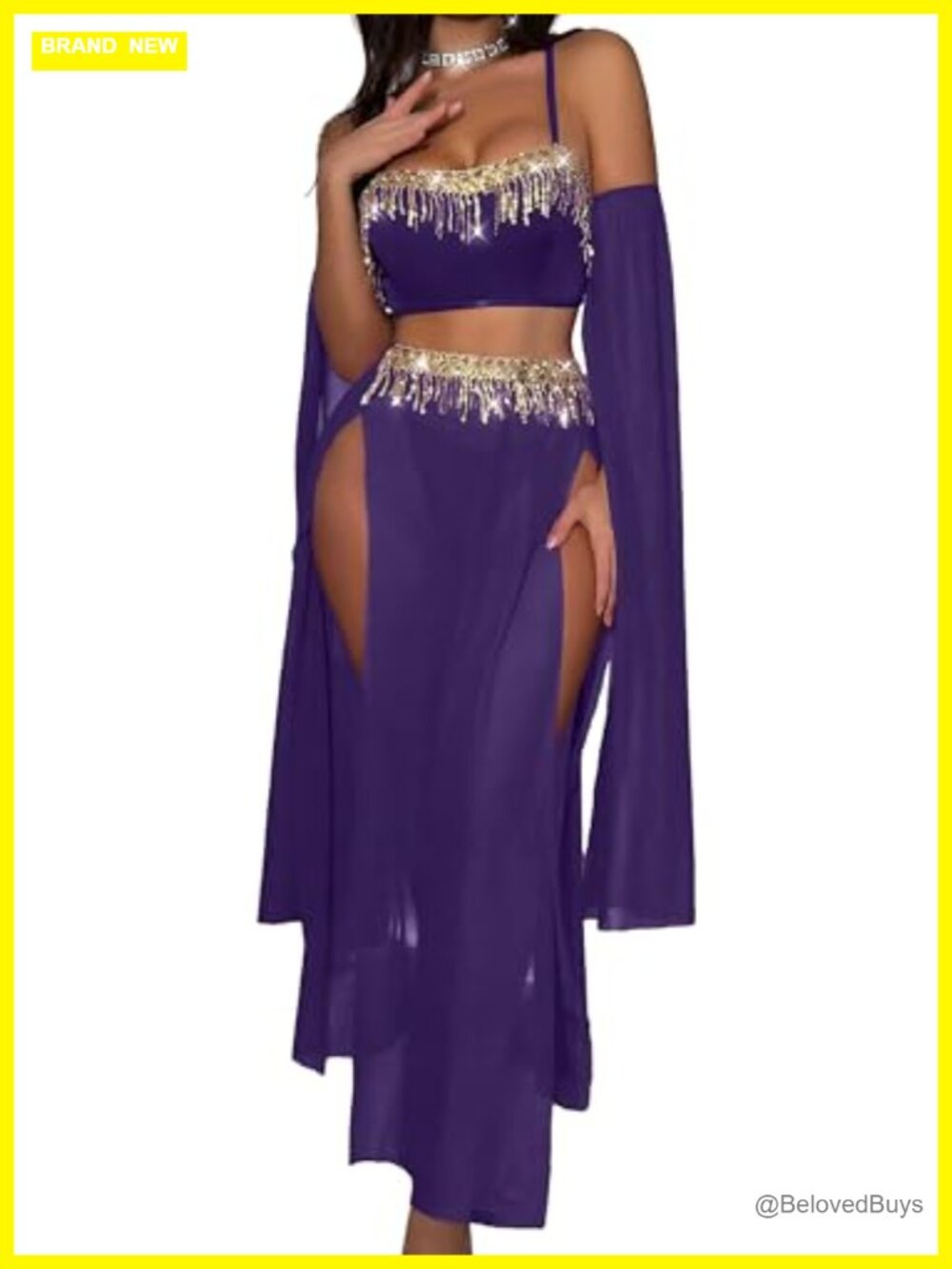 Sequin Fringe High Slit Maxi Skirt Set Detachable Tulle Sleeves Belly Dance